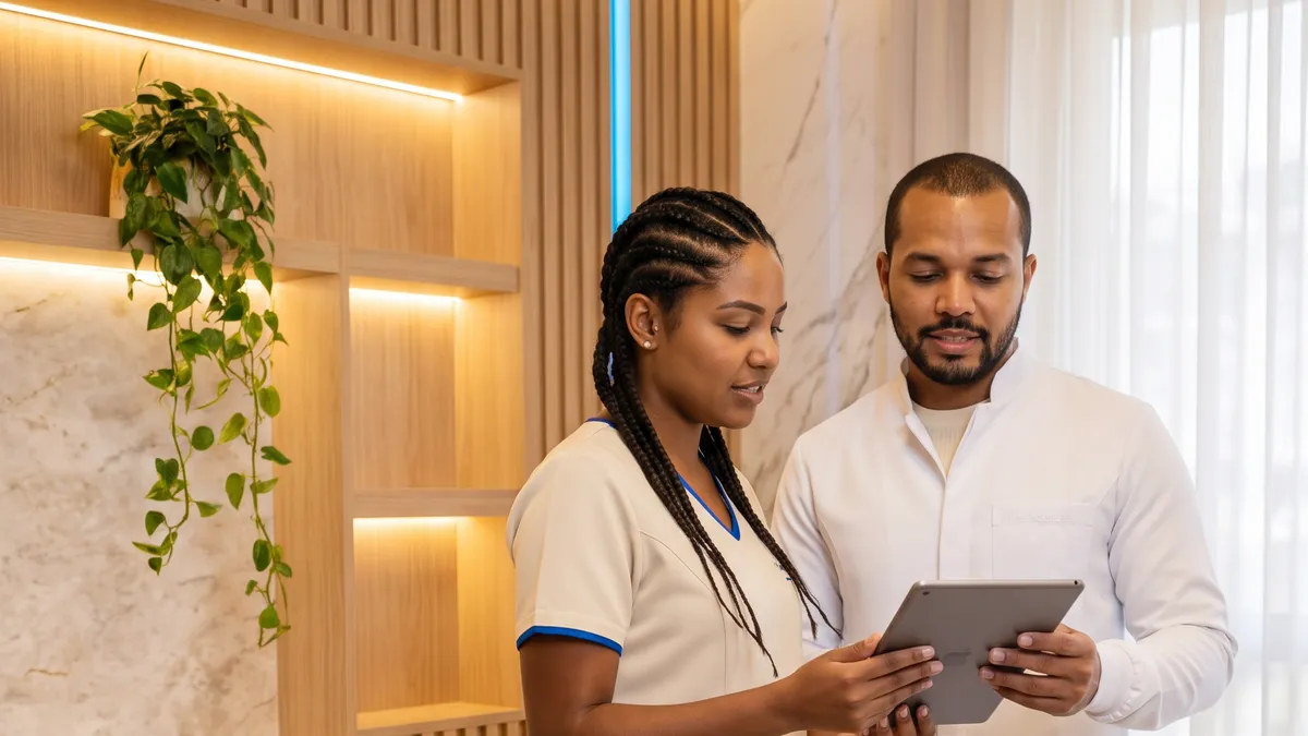 Dentista e auxiliar conferindo informações em um tablet dentro do consultório