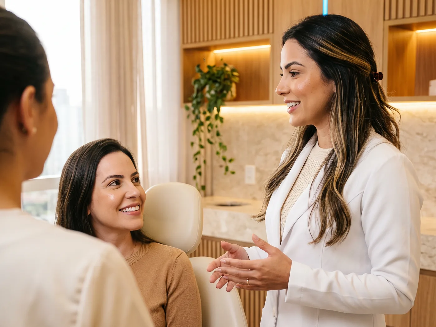 Dentista conversando com a paciente sentada na cadeira do consultório