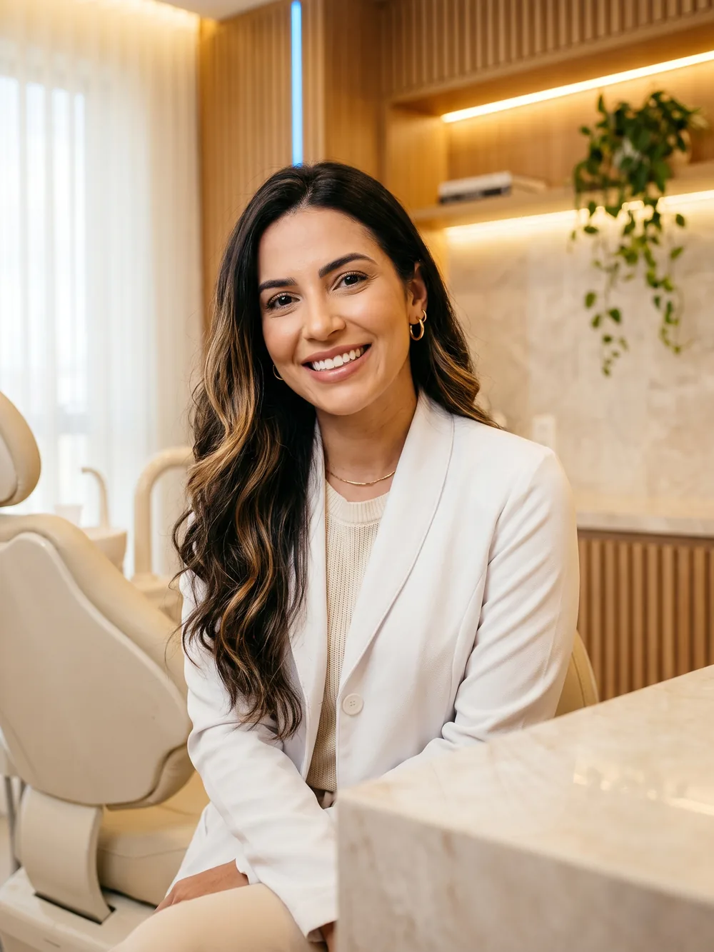 Dentista sorrindo ao lado da cadeira odontológica
