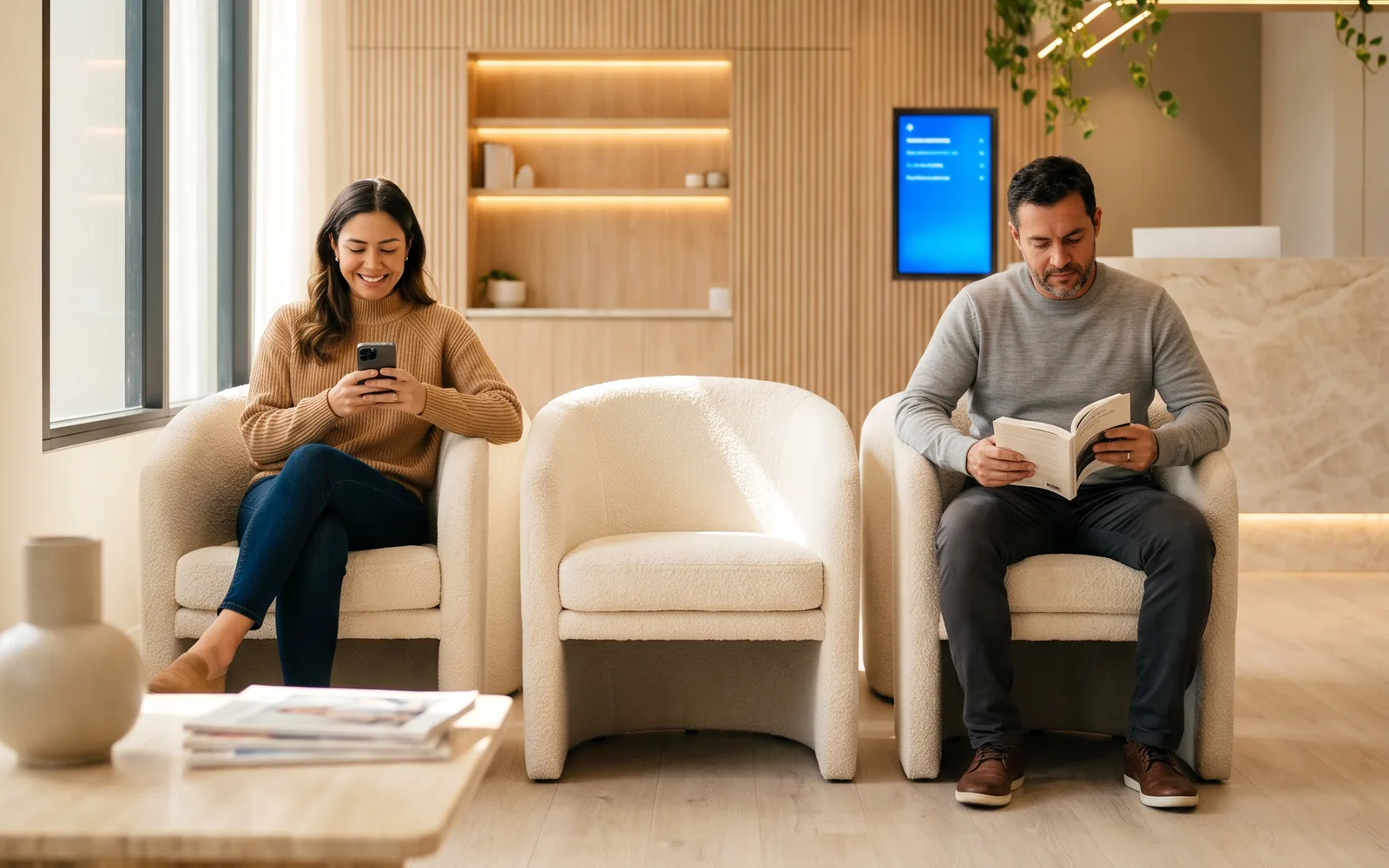 Pacientes aguardando atendimento na sala de espera da clínica