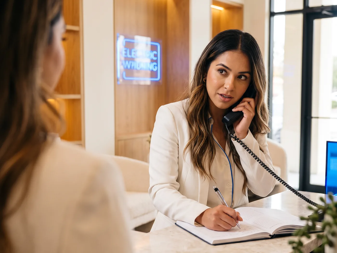 Recepcionista da clínica ao telefone anotando um agendamento